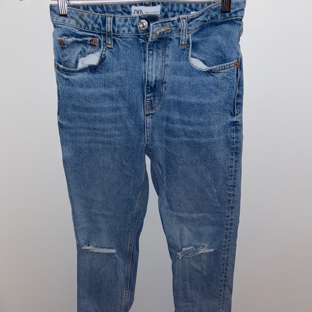 Zara distressed straight leg medium wash jeans